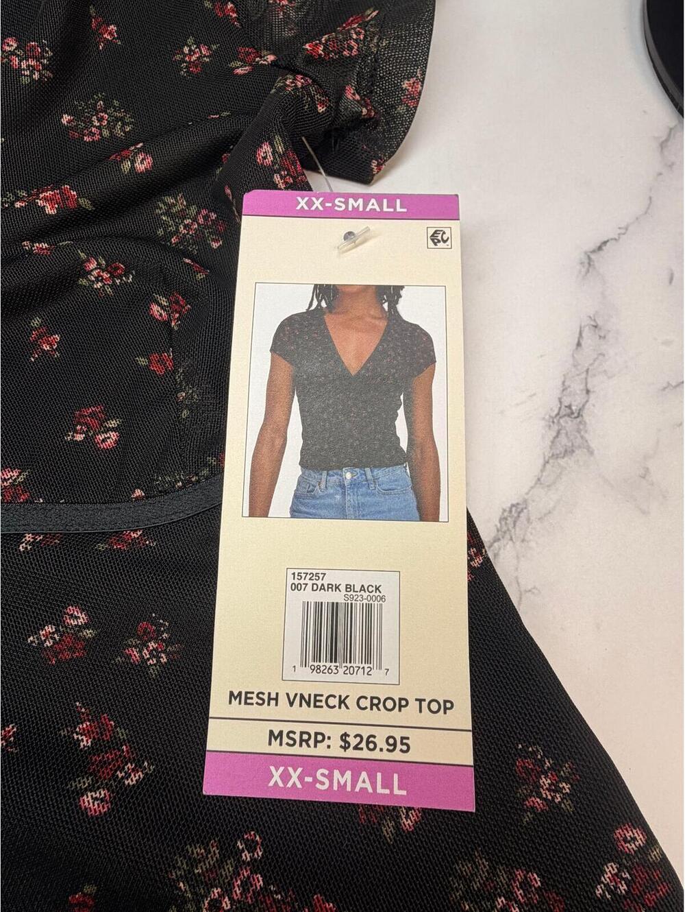 Aeropostale Mesh Crop Top‎ XXS Floral Sheer V Neck Tie Front Baby Tee NWT - Picture 2 of 4